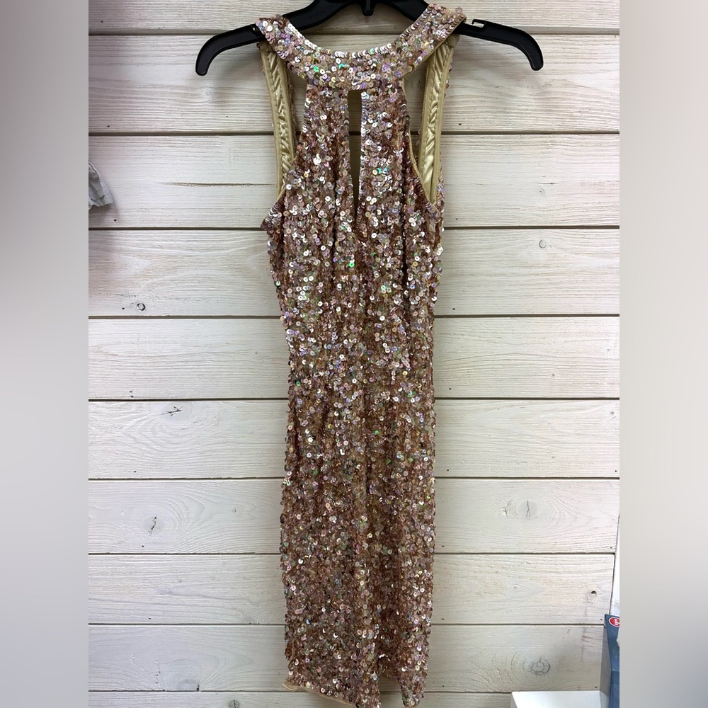 Mac Duggal Gold Sequin Backless Dress